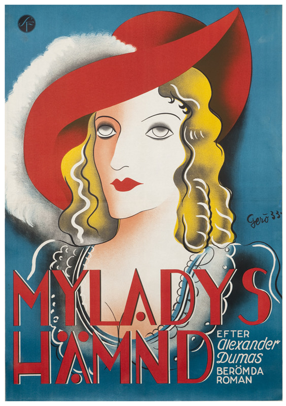 Woman with vacant eyes, elaborate hair and dress; blue, red, yellow, white