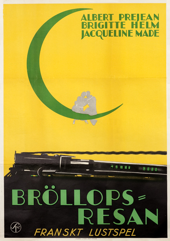 Albert Prejean and Brigitte Helm sit in crook of crescent moon, train speeds by below; green, yellow, black