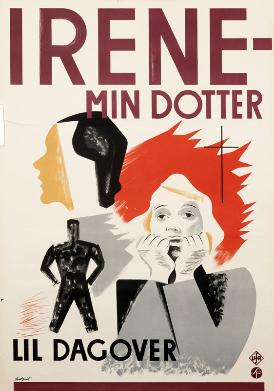 Schmatic outlines of man, face, Irene (Lil Dagover) holding fists up to her neck; red, tan, white