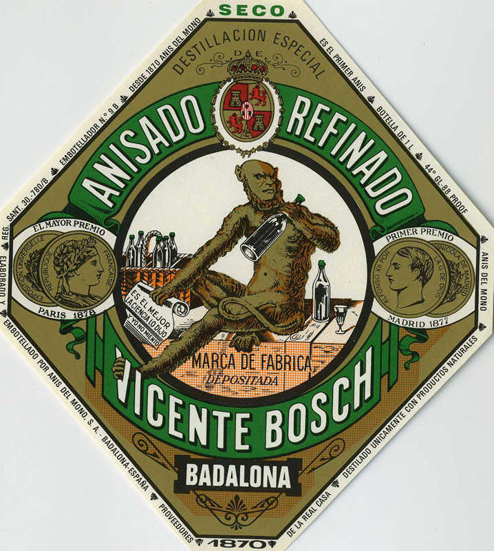 Monkey-like satyr holds bottle of anise liquor, basket of bottles; green, white, gold