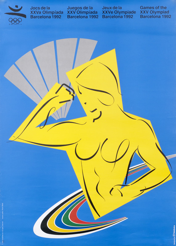 Empowered woman torso flexing; yellow, blue