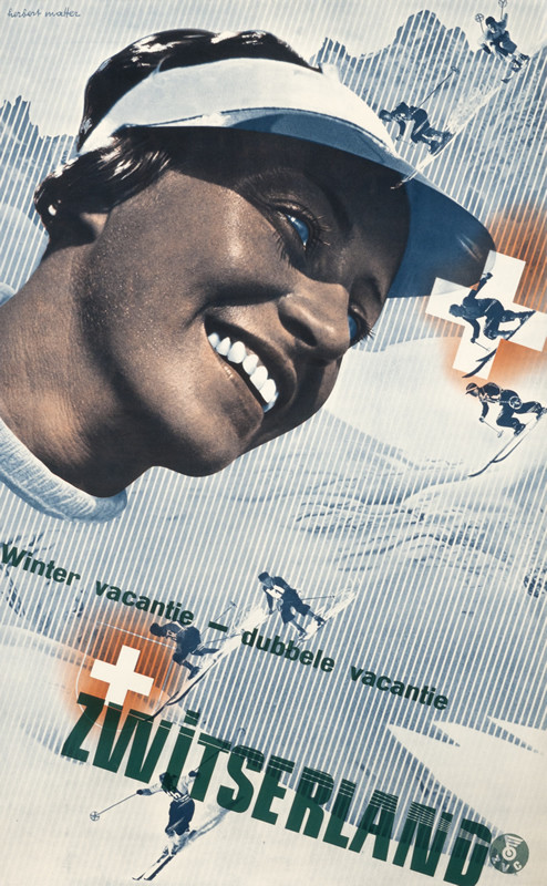 Montage of skiers and woman's face; red, gray
