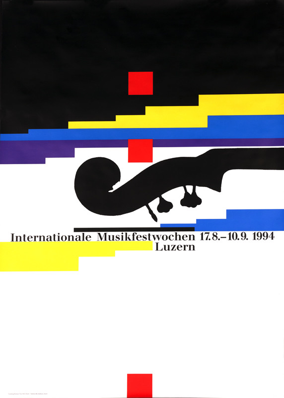 Abstract design with neck of bass; black, white, red, purple, yellow