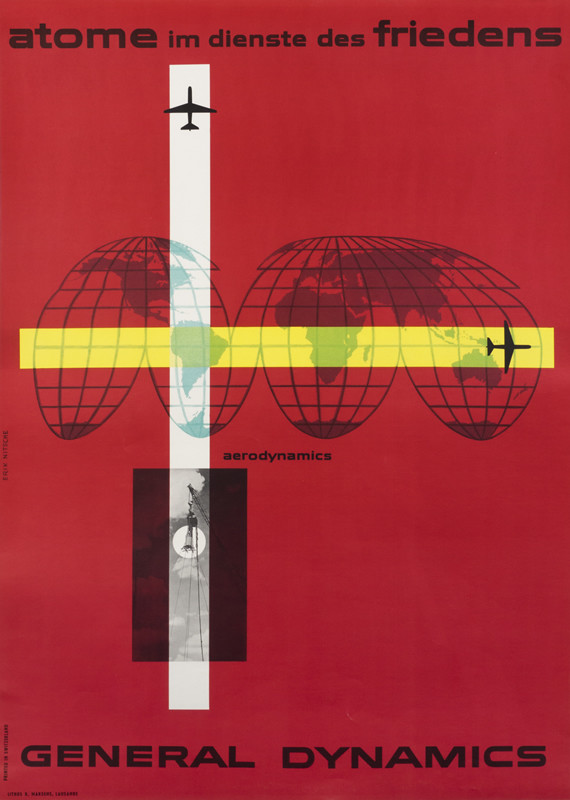 Airplane, map of globe and construction of power plant; red, yellow, black