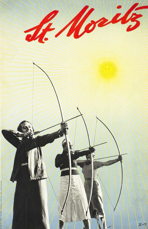 Three female archers take aim with bows and arrows, smiling sun casts many rays outwards; blue, yellow, red