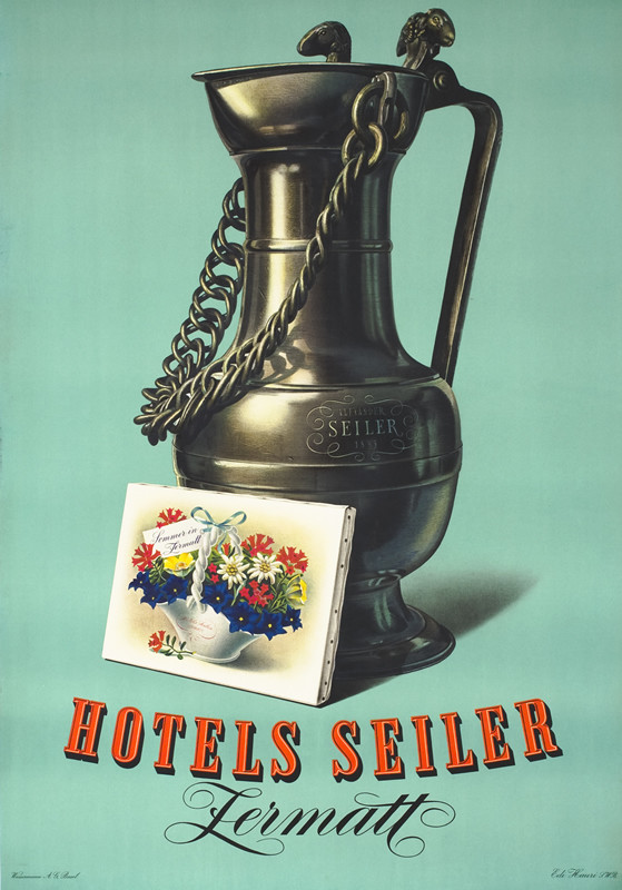 wine tankard embossed with 'Seiler', painting of flower basket labelled 'Seiler'; blue, silver, pink