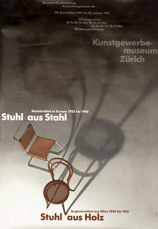 Typography, two chairs in different styles; brown, gray, white
