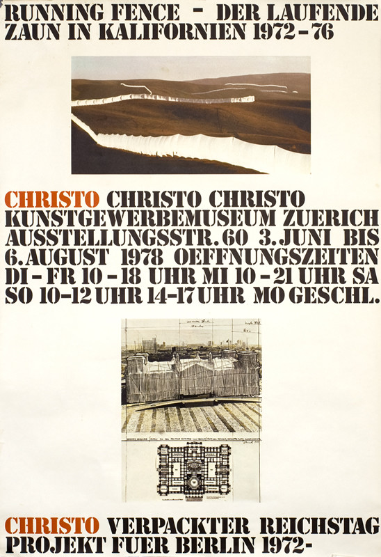 Photographs of Christo's Running Fence installation in California and the Reichstag in Berlin; black, white, red