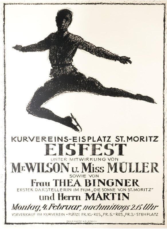 Sketched figure of ice skater mid-leap, list of performers and entertainment; black, white
