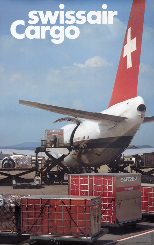 Plane loading cargo; blue, white, red