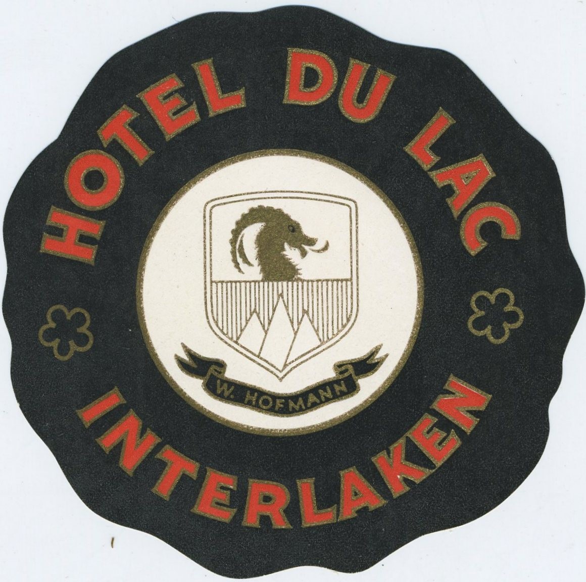 Shield with dragon and moutains surrounded by text; black, red, white, gold