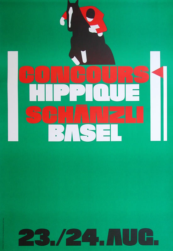 Horse jumps fence made of letters; red, green