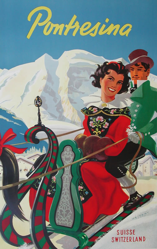 man and woman in holiday dress on sled in mountains; red, green, blue, yellow