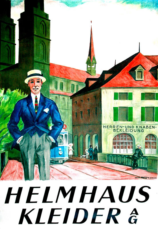 Man in coat, tie, and hat on city street; pink, green, blue