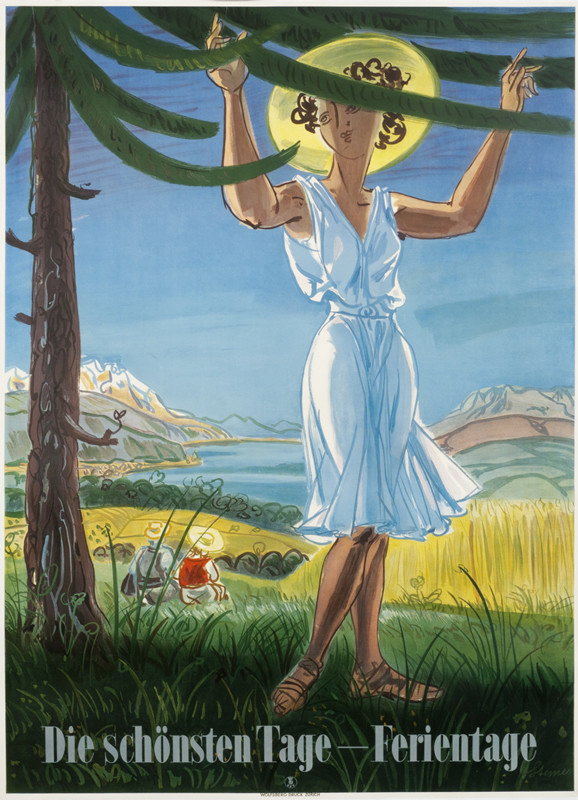 Woman in hat, dress, and sandals under tree near lake shore; green, blue, yellow
