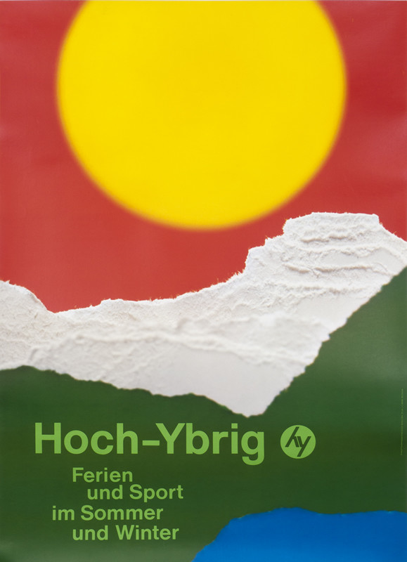 Yellow sun above landscape, constructed of torn paper; red, yellow, green