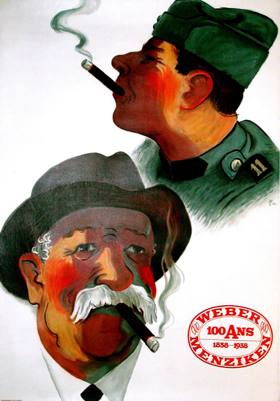 Soldier and mustacioed man smoke cigars; blue, gray, brown