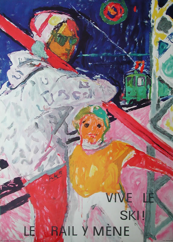 Painterly illustration of two skiers with train at upper right; red, pink, blue, yellow