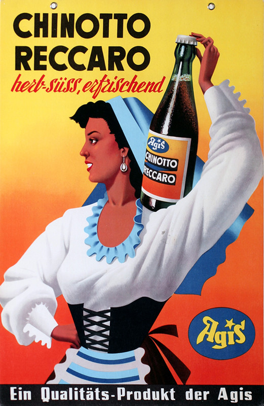 Woman in traditional costume holds bottle on her shoulder; yellow
