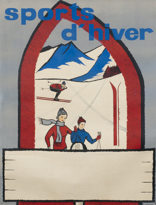 View of skiers on slopes through arch; red, blue, white
