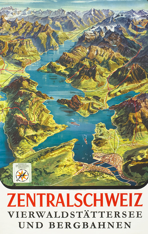 Topographic view of central Switzerland; blue, green, red