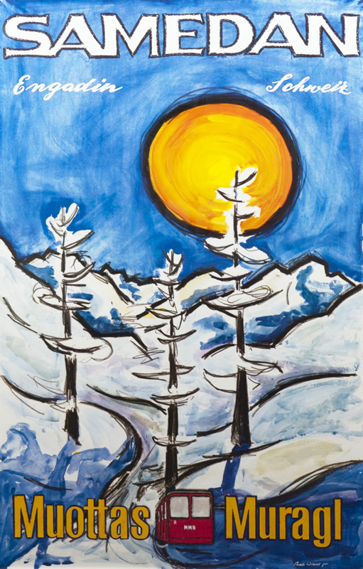 Sun shines on winter scene of snowy mountains, trees, snow train; blue, white, orange