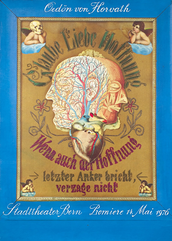 two faces made out of heart veins and arteries, angles surround; blue, brown, red