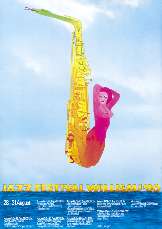 Saxaphone and naked woman morphed; blue, pink, yellow