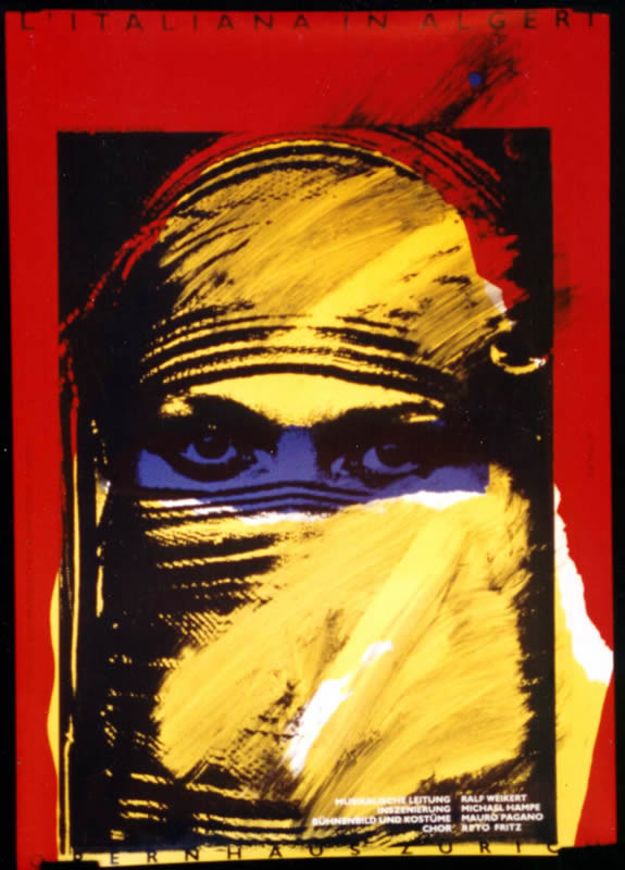 WOMAN'S EYES THROUGH PAINT SMEARS; YELLOW, RED, BLUE