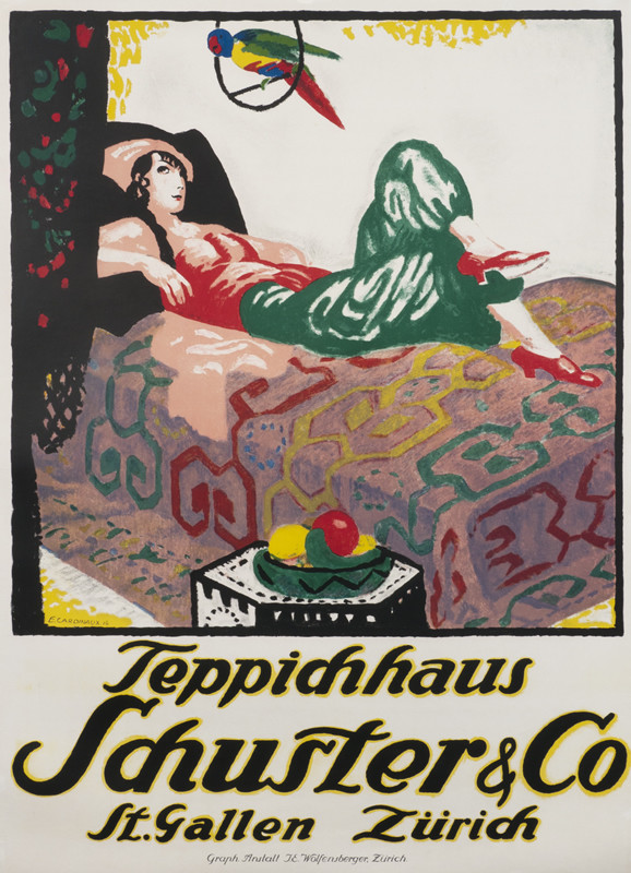Woman laying on bed with a parrot over her; green, red, yellow