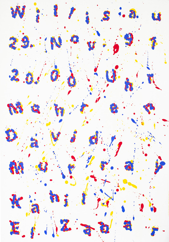 Paint splatters forming words; blue, red, yellow, white ;