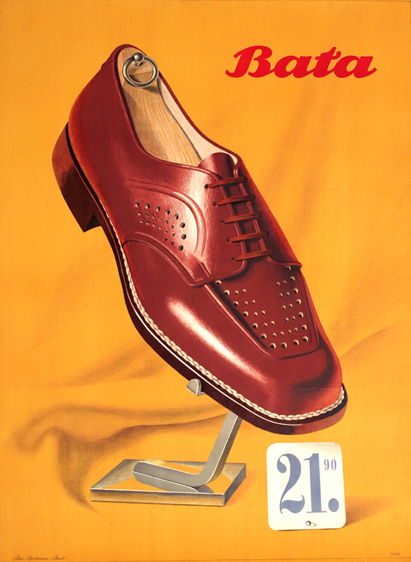WING-TIP SHOE ON STAND; YELLOW, RED, BROWN, GRAY