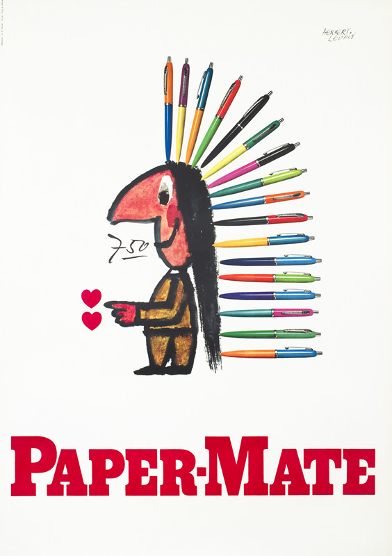Cartoon caricature of indigenous person with pens as headdress; red, white, rainbow