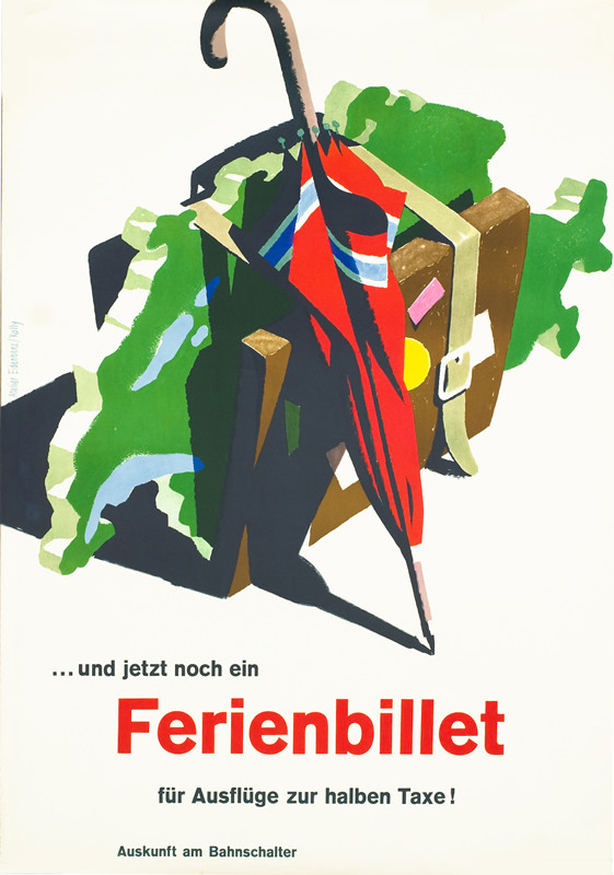 "SWITZERLAND" STRAPPED INTO SUITCASE W/UMBRELLA; RED, GREEN