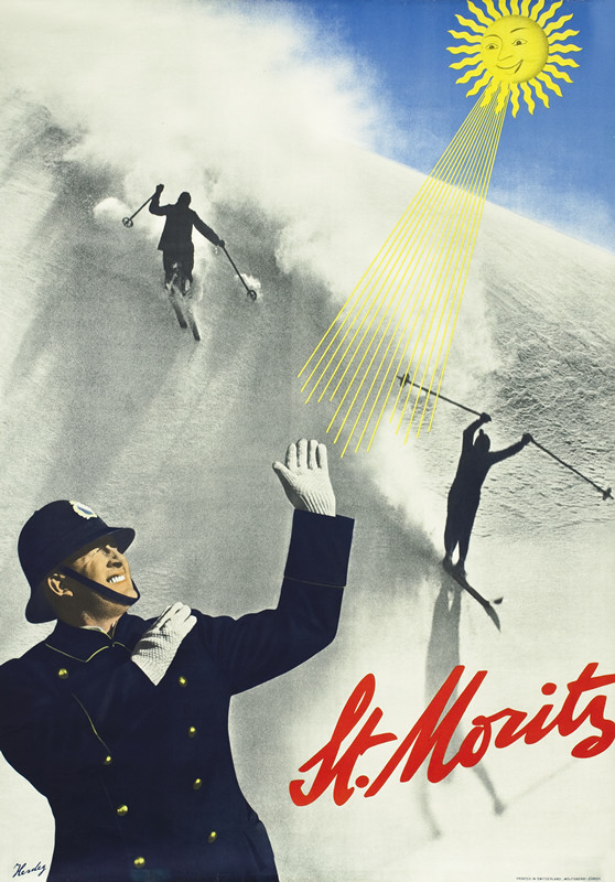 Policeman shields eyes from sun as skiiers descend the slope; blue