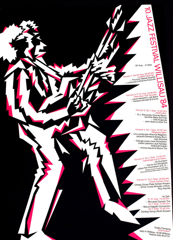 Abstract musician playing guitar; black, pink, white