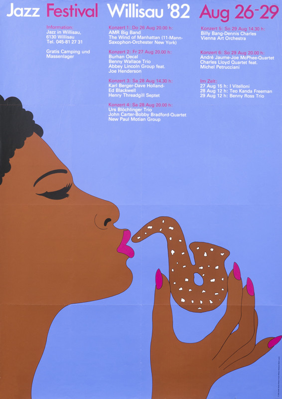 A brown woman plays a saxophone cookie against a purple background; brown, purple