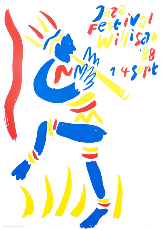 Indian blows yellow clarinet; blue, red, yellow