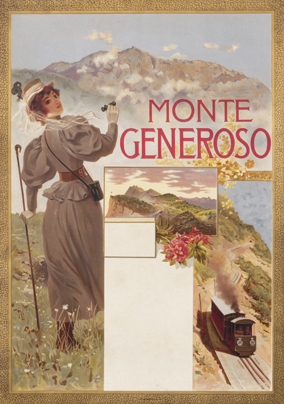 Woman looks at mountains with train & schedule; green, gold, brown