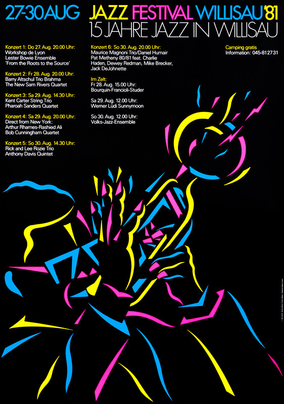 Abstract trumpet player; pink, blue, yellow, black