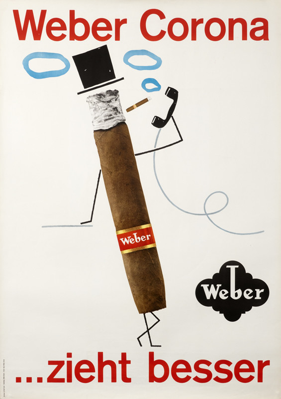 Stick figure "cigar man" wearing top hat talks on the telephone; brown, red