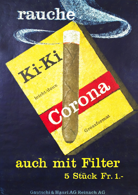 Cigar package with lit cigar smoke wafting upward; black, yellow, red, brown