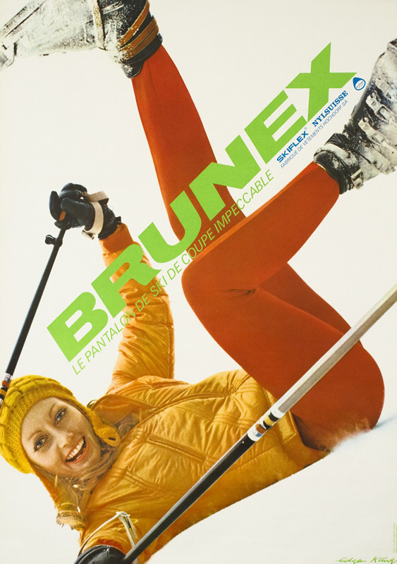 Woman in ski pants falls in the snow; red, orange
