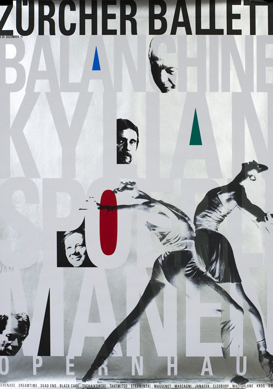 Faces, ballet dancers, typography; silver, red, black,white