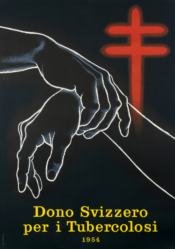 One hand supporting another in front of a red cross; dark green, black, red yellow