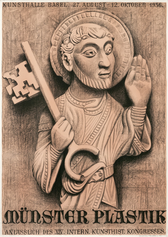 St Peter with a key raising his left hand; brown, cream, black
