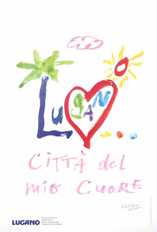 Child-like doodle with the L as a palm tree and a heart around the "gan"; white, pink, red, blue, yellow