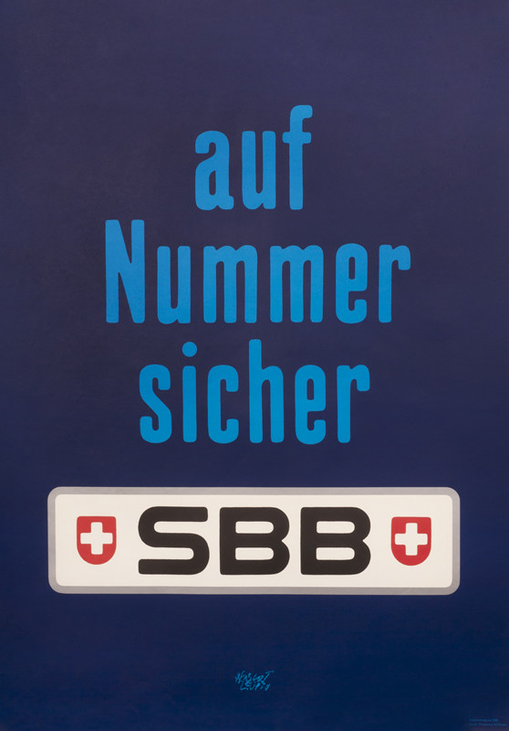 Aqua blue lettering on a dark blue field - SBB in a white block with Swiss symbols on either side