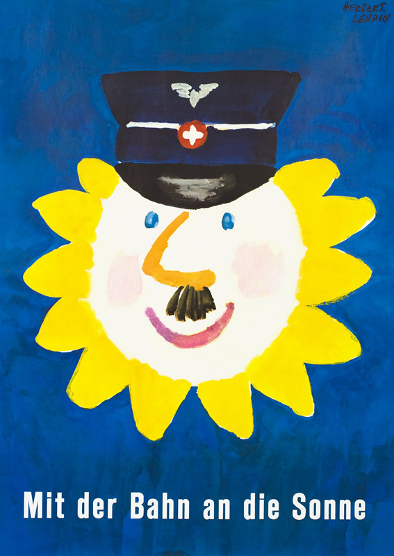 Sun with a  face and mustache topped with a conductor's hat on a blue field; yellow, blue, white and black