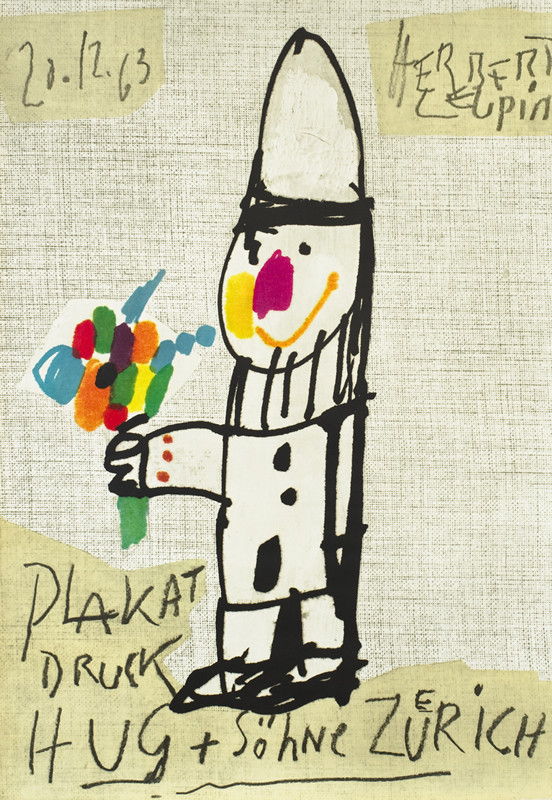 Cartoon-like clown holds flowers, linen background; black, yellow, blue, green and pink